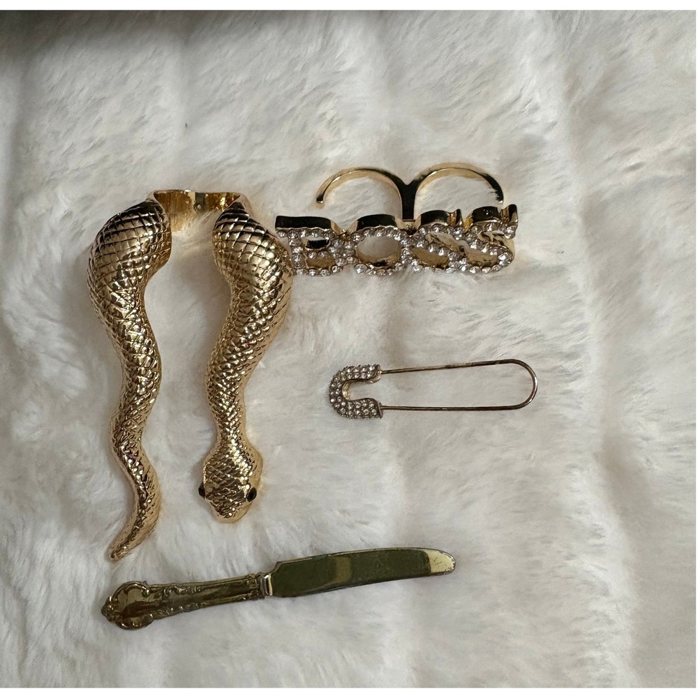 Gold Tone Statement Jewelry Set BOSS Rhinestone Ring Snake Ring Safety Pin Knife